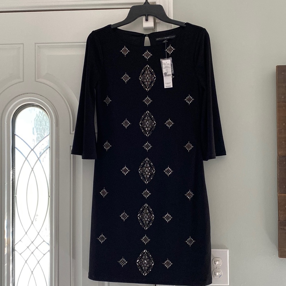 NEW White House Black Market with silver and gold embellished sheath dress!